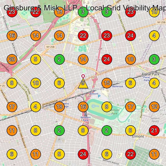 Ginsburg & Misk, LLP Law Firm GeoGrid ranking map for Queens Village NY